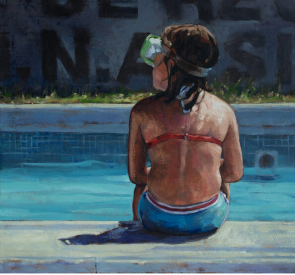 painting of a girl sitting on the edge of a pool, goggles on her head.